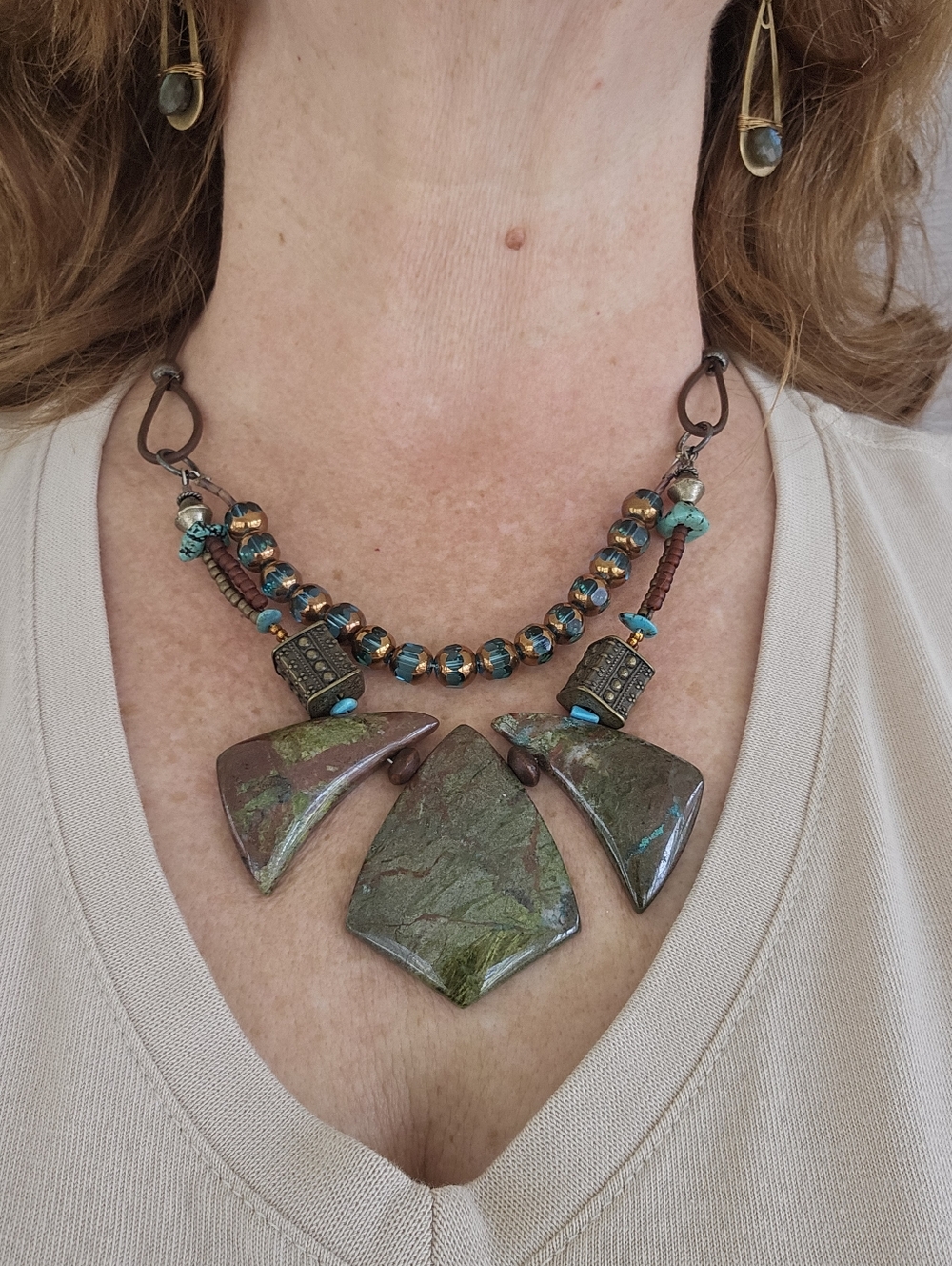 Bohemian Green Stone And Leather Statement Necklace -  Hand Crafted